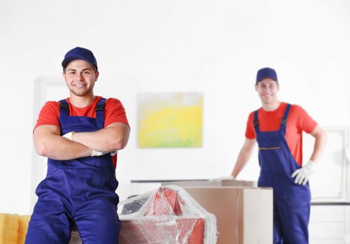 Movers preparing equipment and assessing safety before a relocation