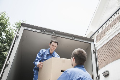 Boxes and furniture arranged for a scheduled moving service